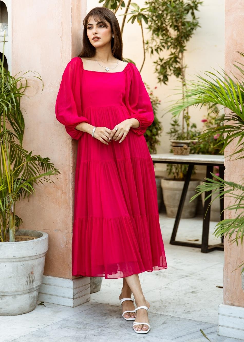 Shop Best Rani Pink Chiffon Dress for Women Online Order Now at JOVI India Shop Best Rani Pink Chiffon Dress for Women Online Order Now at JOVI India