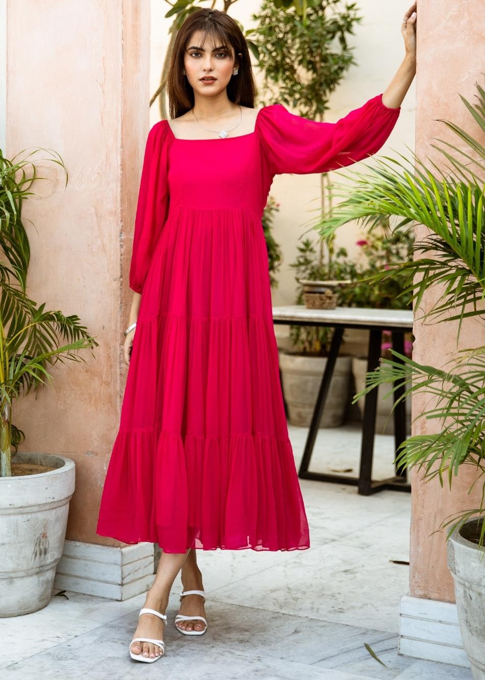 Shop Best Rani Pink Chiffon Dress for Women Online Order Now at JOVI India Shop Best Rani Pink Chiffon Dress for Women Online Order Now at JOVI India