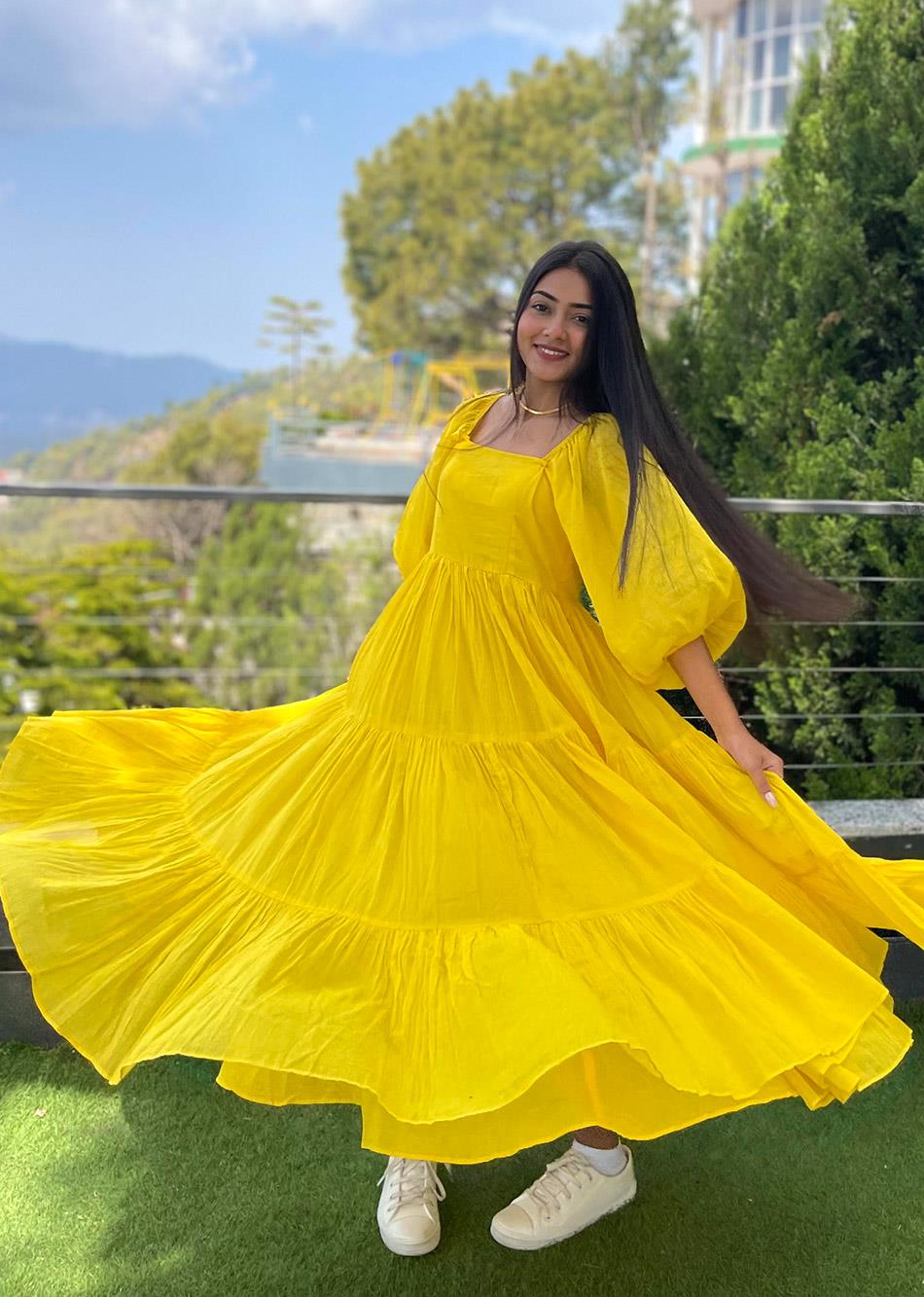 Yellow Tiered Frock Dresses for Women - JOVI India