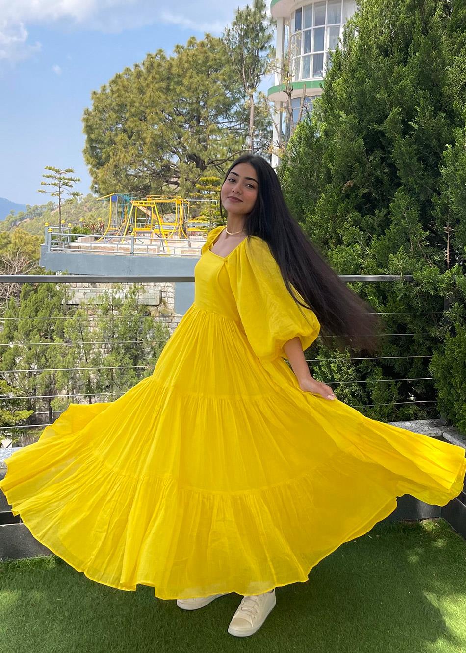 Yellow Tiered Frock Dresses for Women - JOVI India