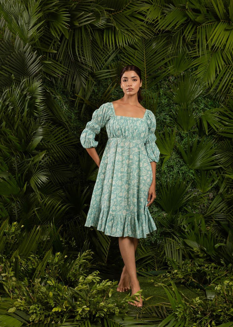 Blue Printed Cotton Knee Length Dresses tier Sleeves for Women