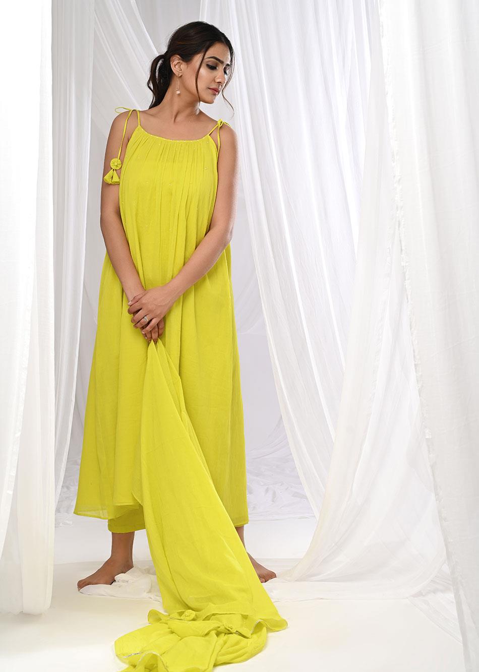Neon Yellow Halter Neck Anarkali Suit Set 6XL Neon Yellow Halter Neck Anarkali Suit Set 6XL