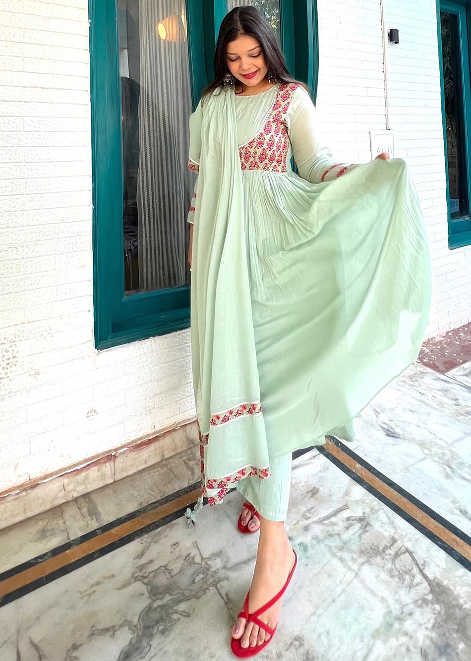 Buy Latest Designer Mulmul and Cotton Mint Green Jacket Anarkali Suit Sets for Women at JOVI India