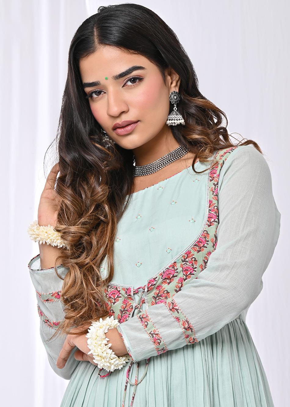 Brown Cross Gather Anarkali Suit Set