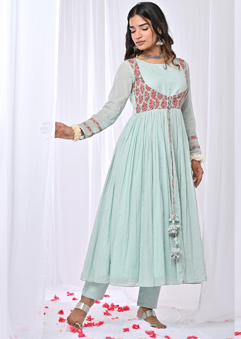 Buy Latest Designer Mulmul and Cotton Mint Green Jacket Anarkali Suit Sets for Women at JOVI India