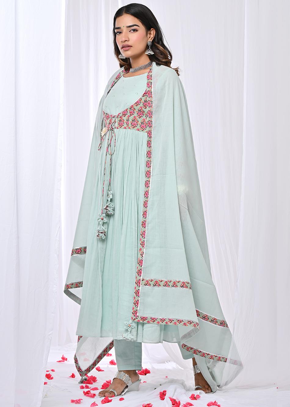 Buy Latest Designer Mulmul and Cotton Mint Green Jacket Anarkali Suit Sets for Women at JOVI India