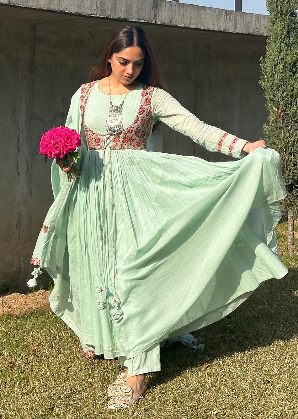 Buy Latest Designer Mulmul and Cotton Mint Green Jacket Anarkali Suit Sets for Women at JOVI India