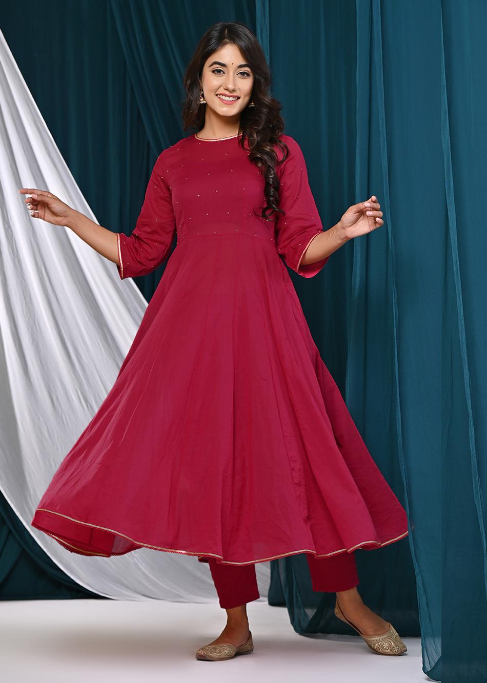 Trendy Cherry Red Transy Kali Anarkali Suit Sets for Women