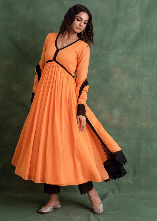 Stunning Orange Lacey Cross Gather Anarkali Suit Sets for Women at JOVI India | Jovi Fashion India