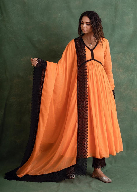 Orange Lacey Cross Gather Anarkali Suit Set