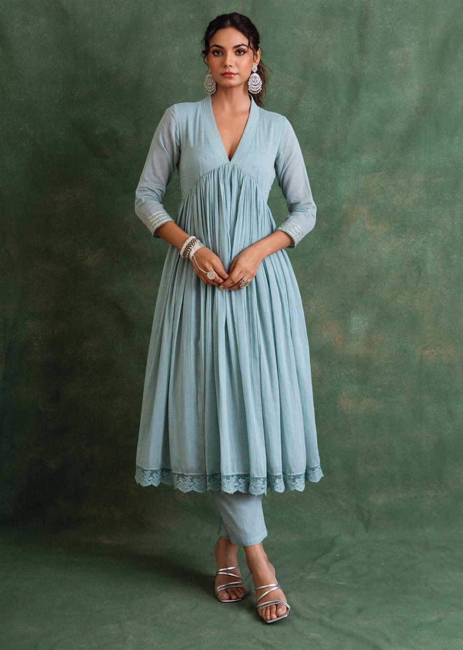 Buy Trendy Powder Blue Collar Neck Anarkali Suit Sets for Women