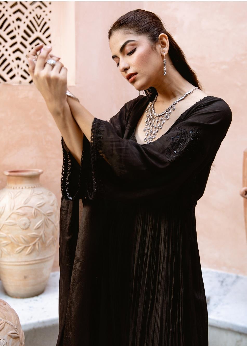 Black Silk Gather Anarkali Suit Set
