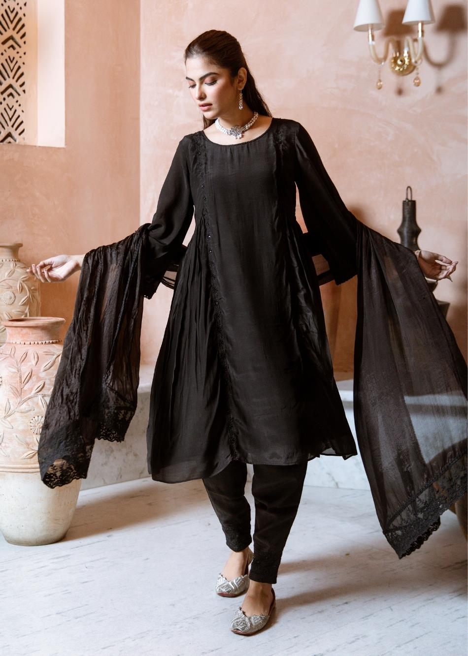 Buy Latest Designer Black Silk Kurta Shalwar Suit Sets for Women