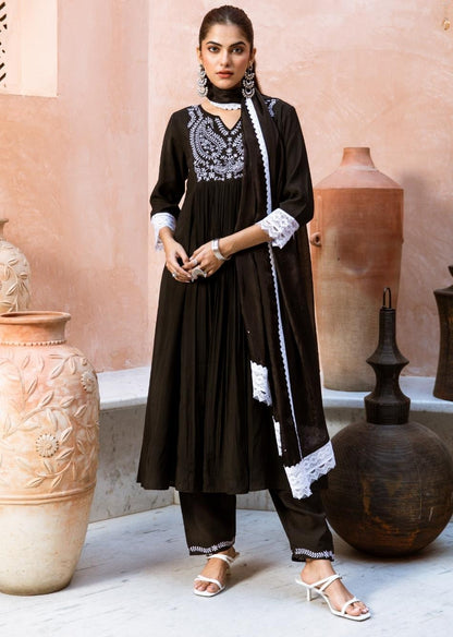 Black Silk Embroidered Anarkali Suit Set