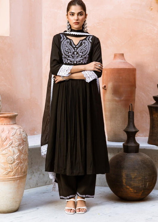 Black Silk Embroidered Anarkali Suit Set