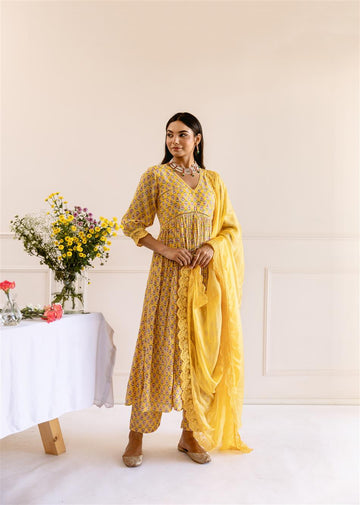 Yellow Waist Detailed Anarkali Suit Set
