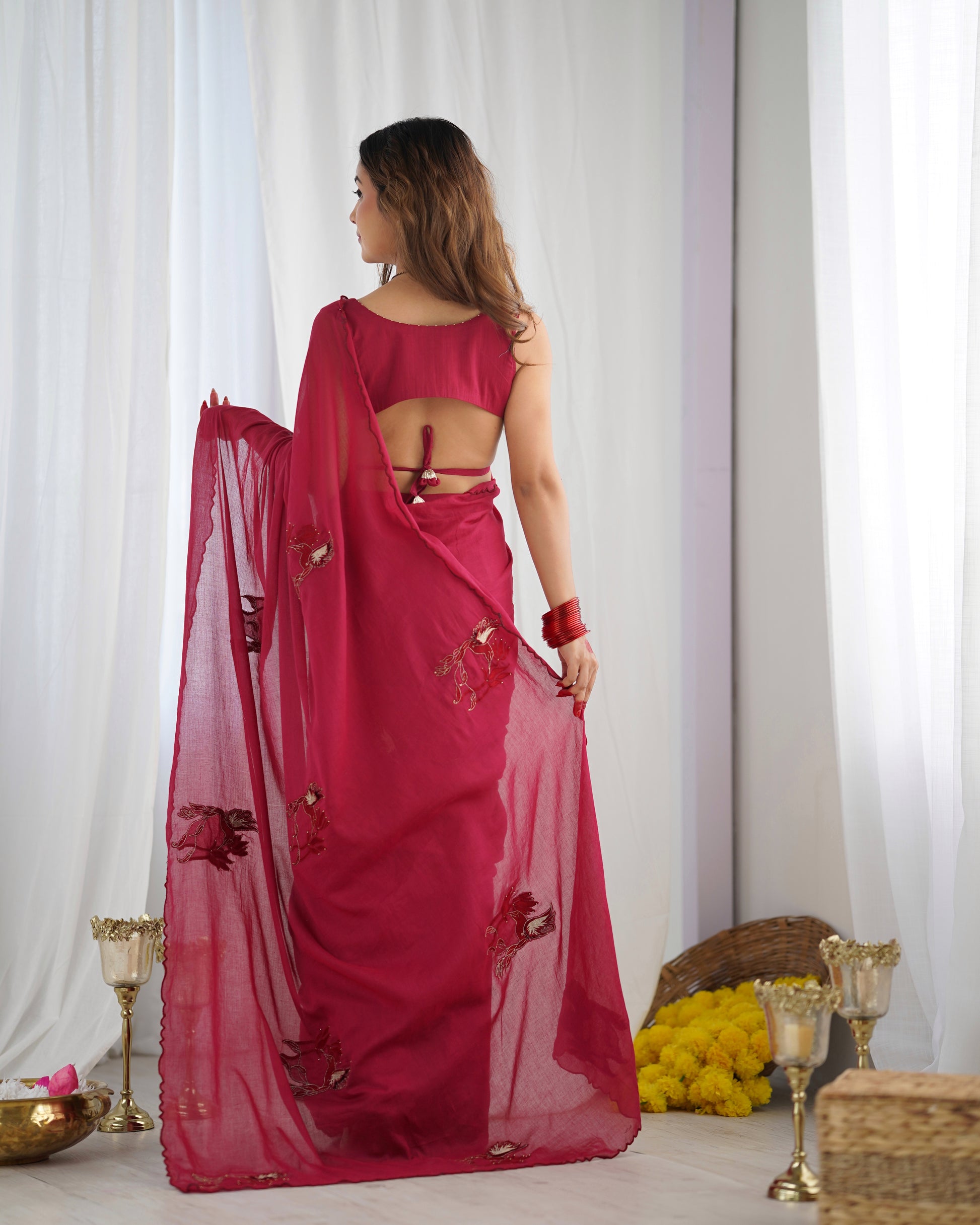 Cherry Red Ready to Wear Saree | JOVI India