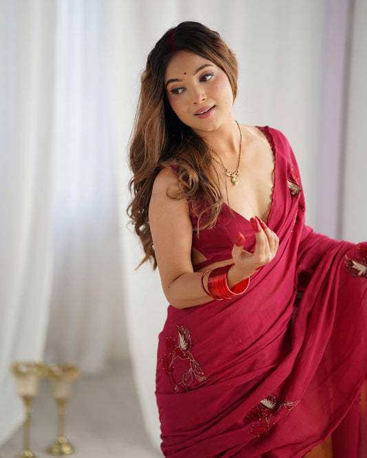Cherry Red Ready to Wear Saree | Jovi India