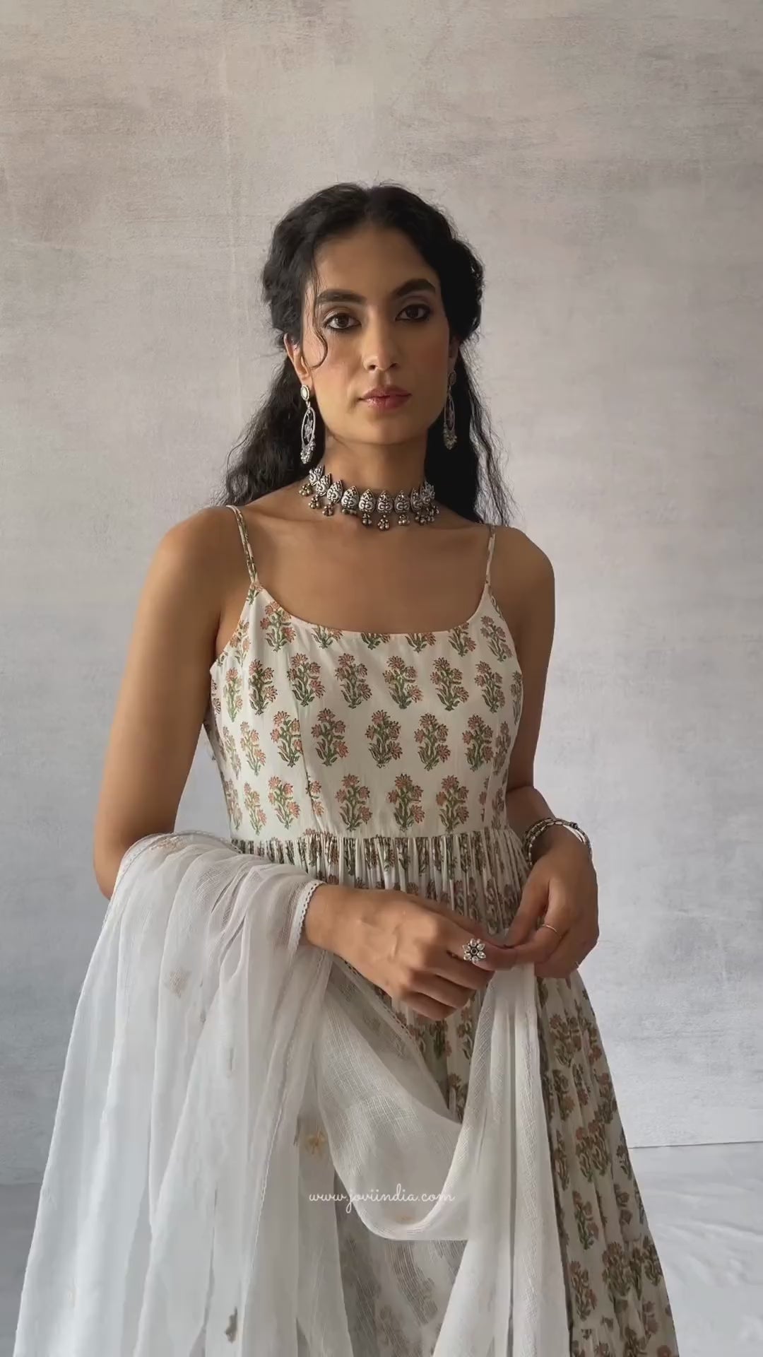 Buy Lovely White Strappy Tiered Anarkali Suit Sets for Women at JOVI India