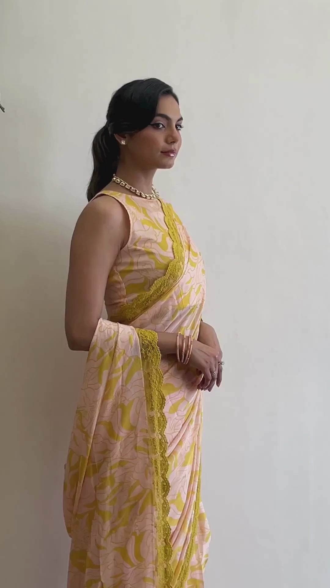 Lovely Yellow Floral Printed Ready to Wear Saree for Women - JOVI India