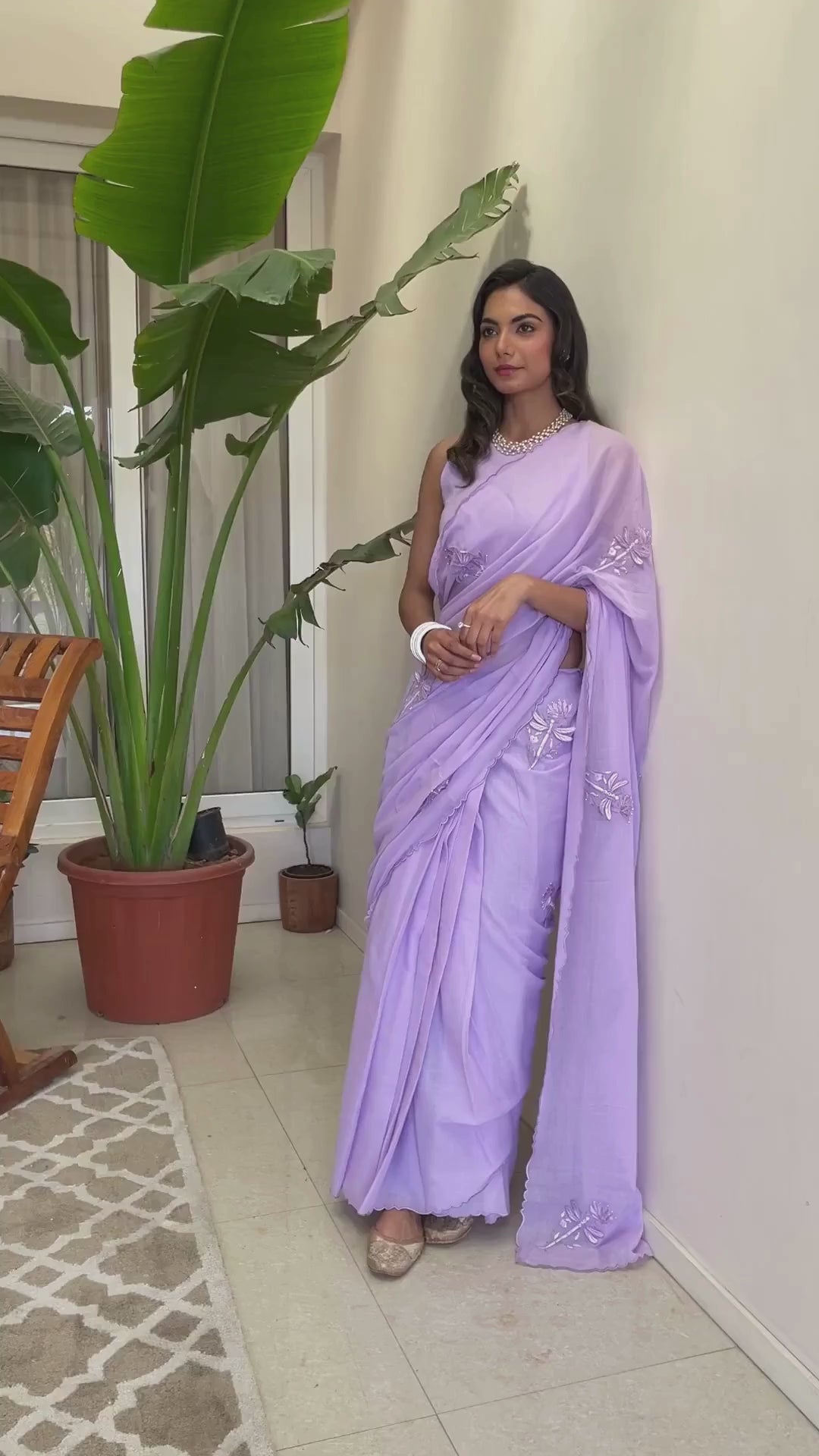 Beautiful Lilac Embroidered Ready to Wear Saree for Women - JOVI India