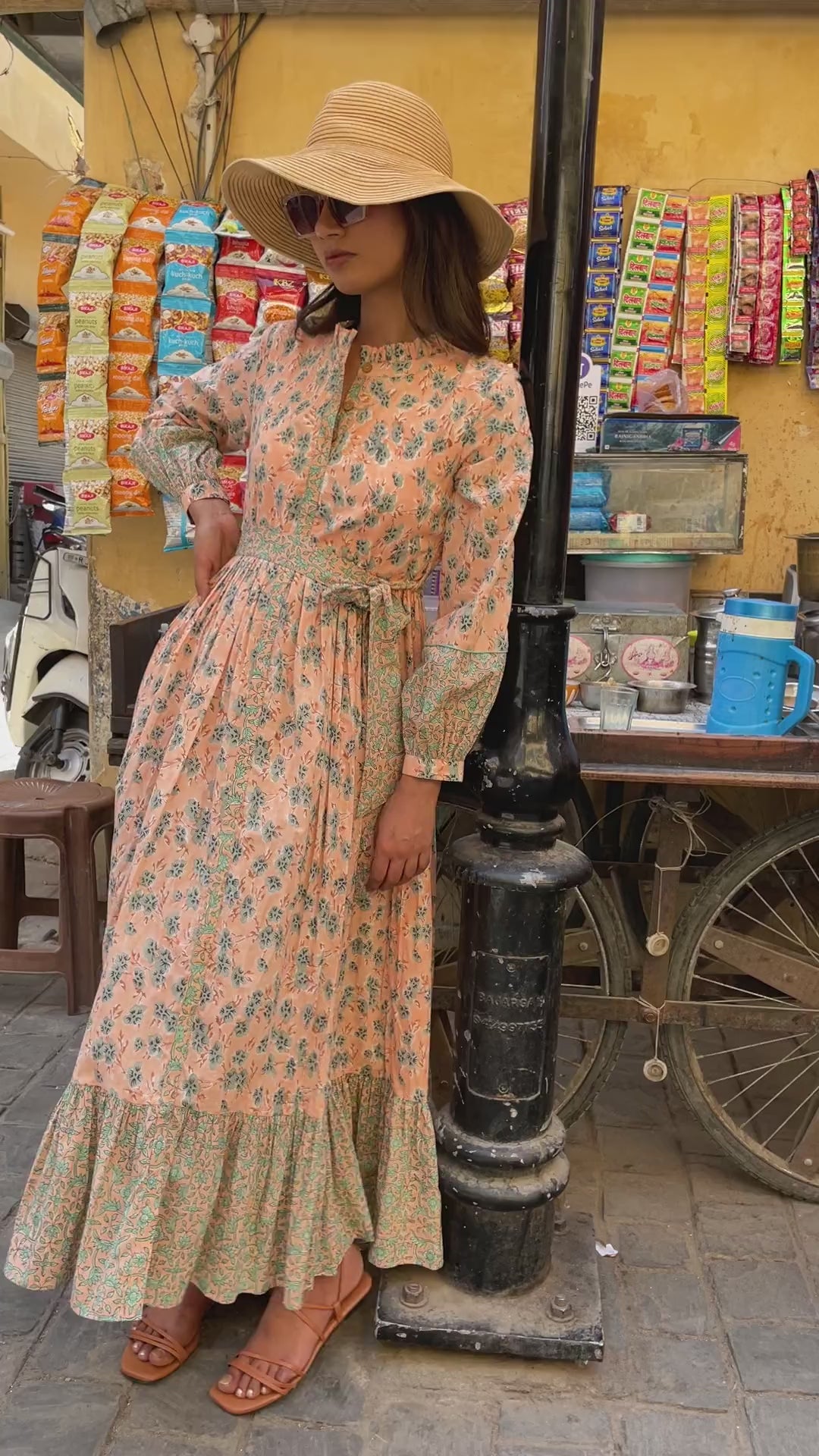 Stylish Peach Printed Cotton Tiered Dresses for Women - JOVI India