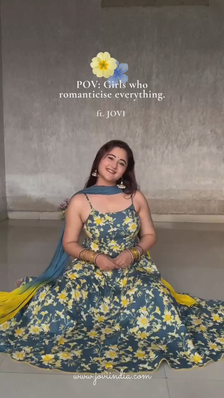 Blue Printed Strappy Anarkali Set | JOVI India