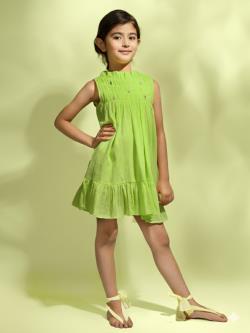 Jiyara Parrot Green Bobbin Elastic Dress | Jovi India